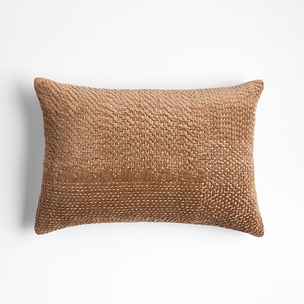 Sashiko Organic Cotton Velvet 22x15 Camel Tan Throw Pillow Cover
